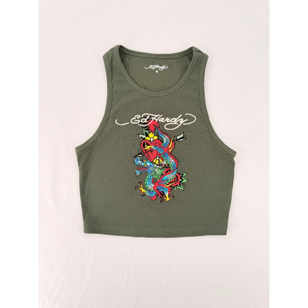Ed Hardy Graphic Tank Top Womens Medium Green Dragon Heart Y2K Ribbed EHW1205-4